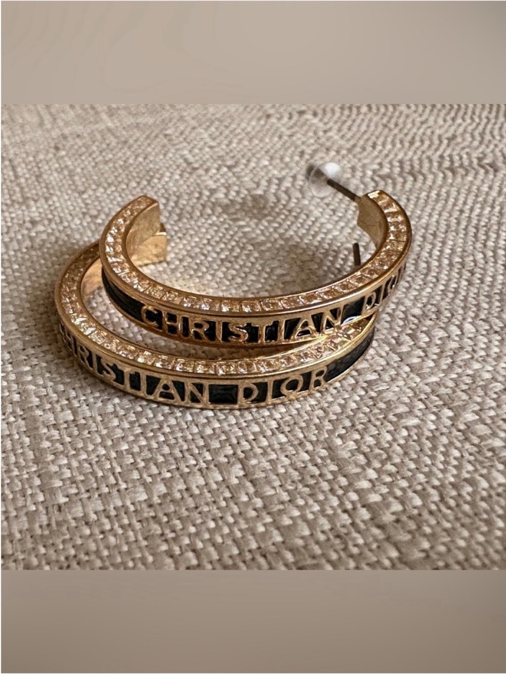 Dior Gold Hoop Earrings with Black Enamel and Clear Crystals
